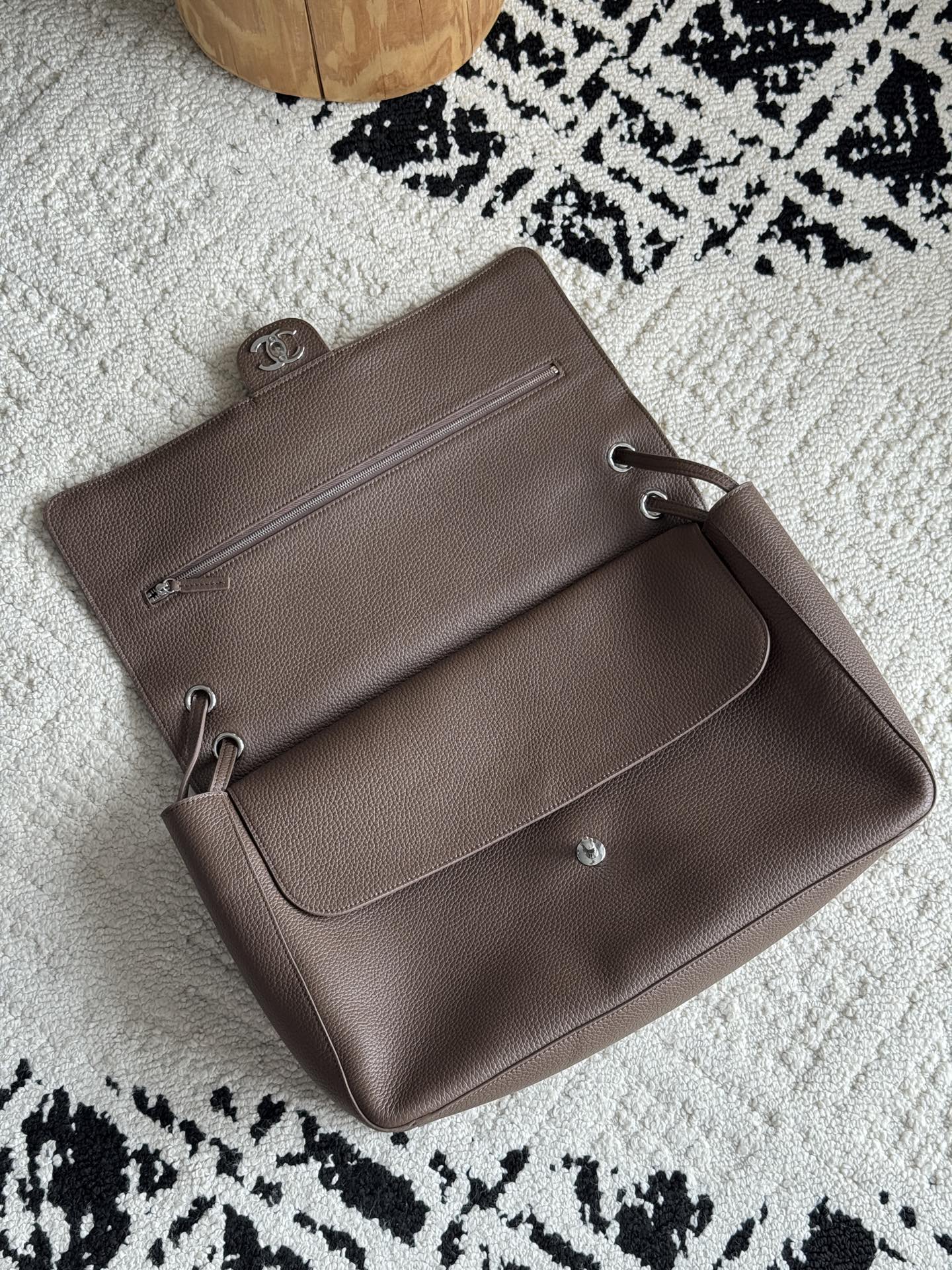 Chanel 26S CF Maxi Large Flap Bag in Taupe Grained Leather with Silver-Tone Hardware - Detail View 5