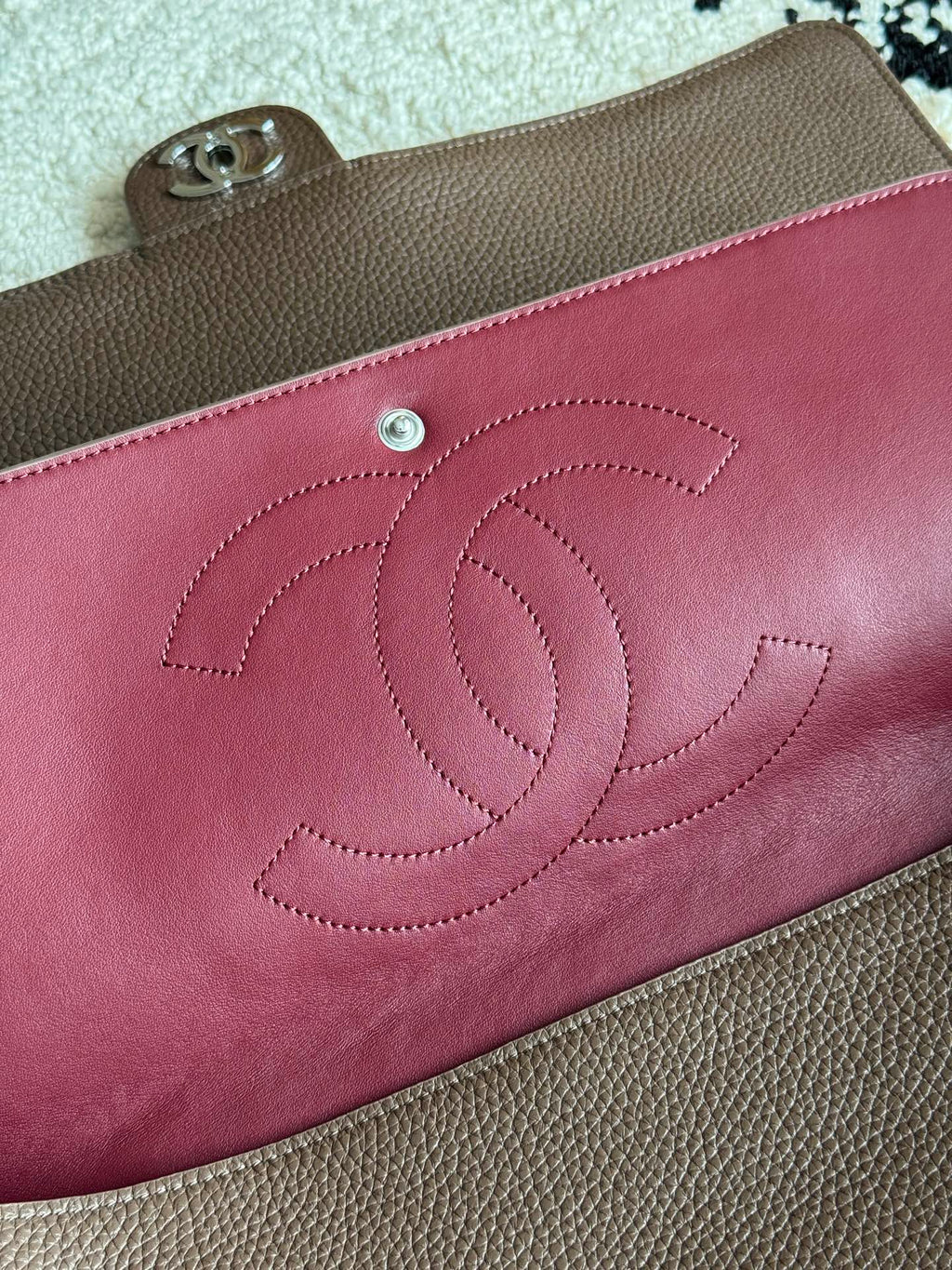 Chanel 26S CF Maxi Large Flap Bag in Taupe Grained Leather with Silver-Tone Hardware - Detail View 7