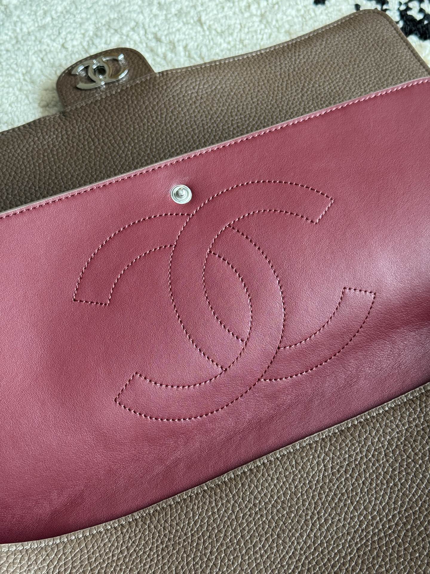 Chanel 26S CF Maxi Large Flap Bag in Taupe Grained Leather with Silver-Tone Hardware - Detail View 7