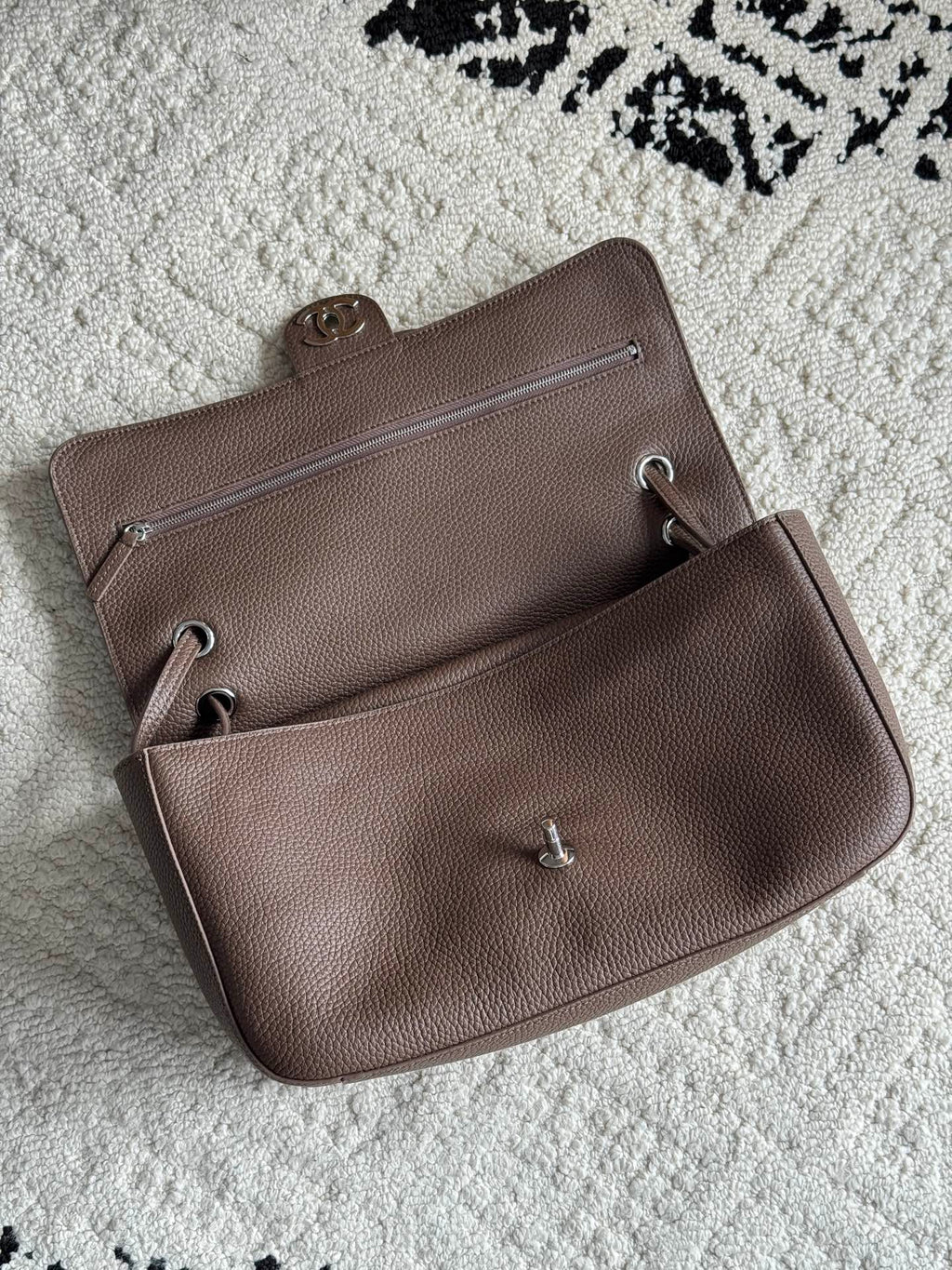 Chanel 26S CF Maxi Small Flap Bag in Taupe Grained Leather with Silver-Tone Hardware - Detail View 5
