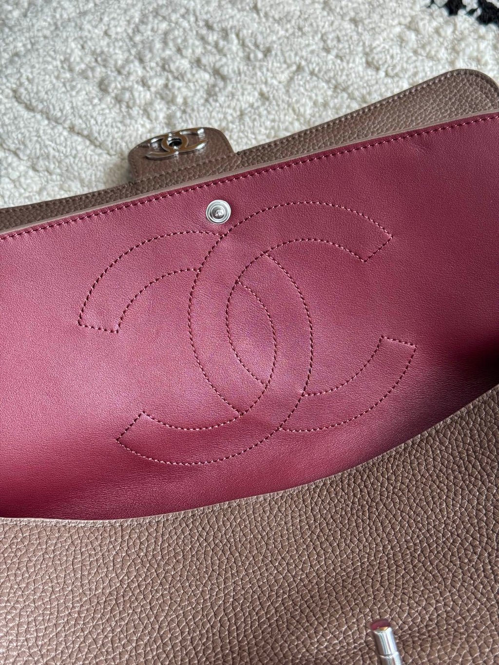 Chanel 26S CF Maxi Small Flap Bag in Taupe Grained Leather with Silver-Tone Hardware - Detail View 7