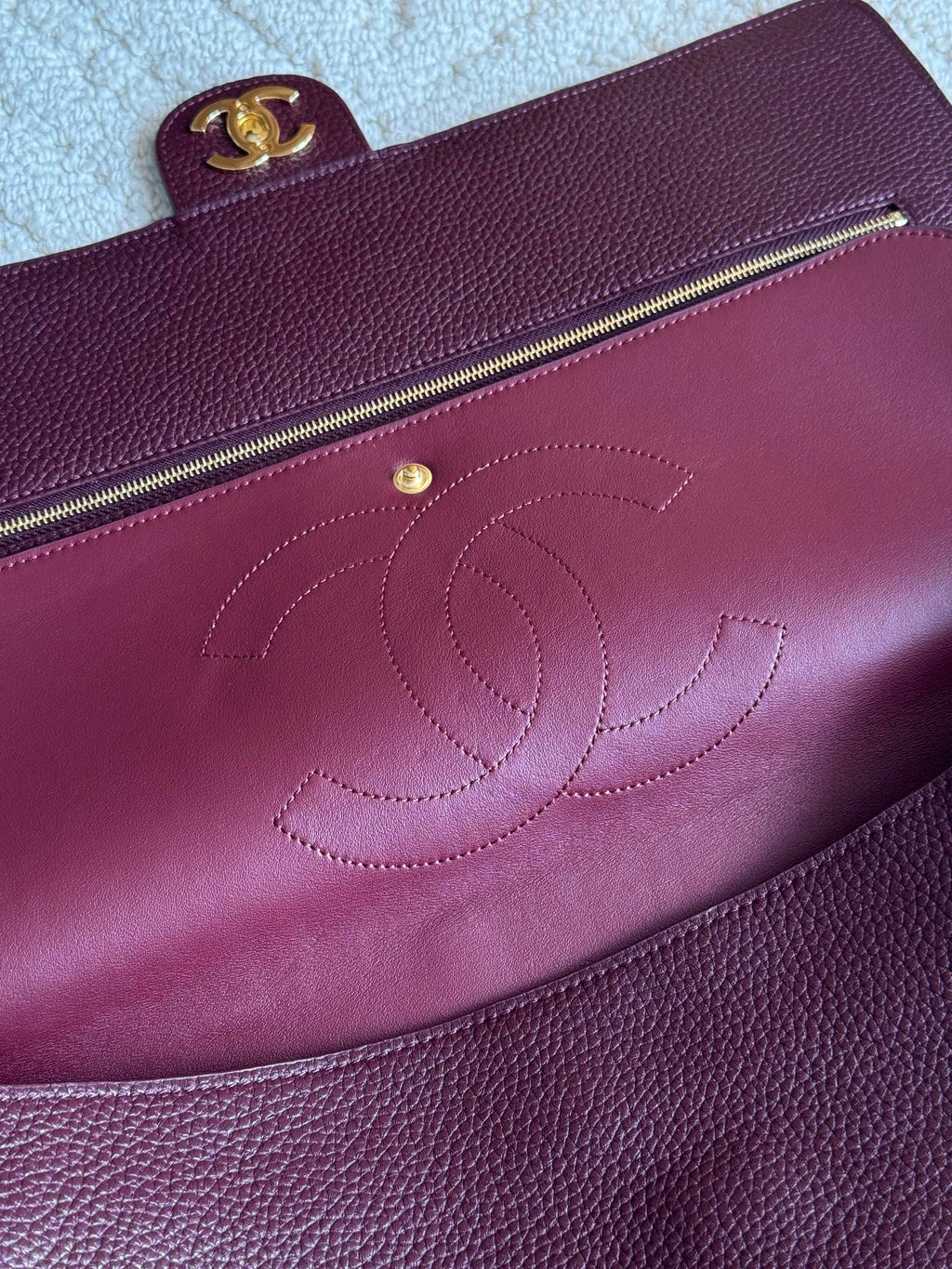 Chanel 26S CF Maxi Large Flap Bag in Burgundy Grained Leather with Gold-Tone Hardware - Detail View 8
