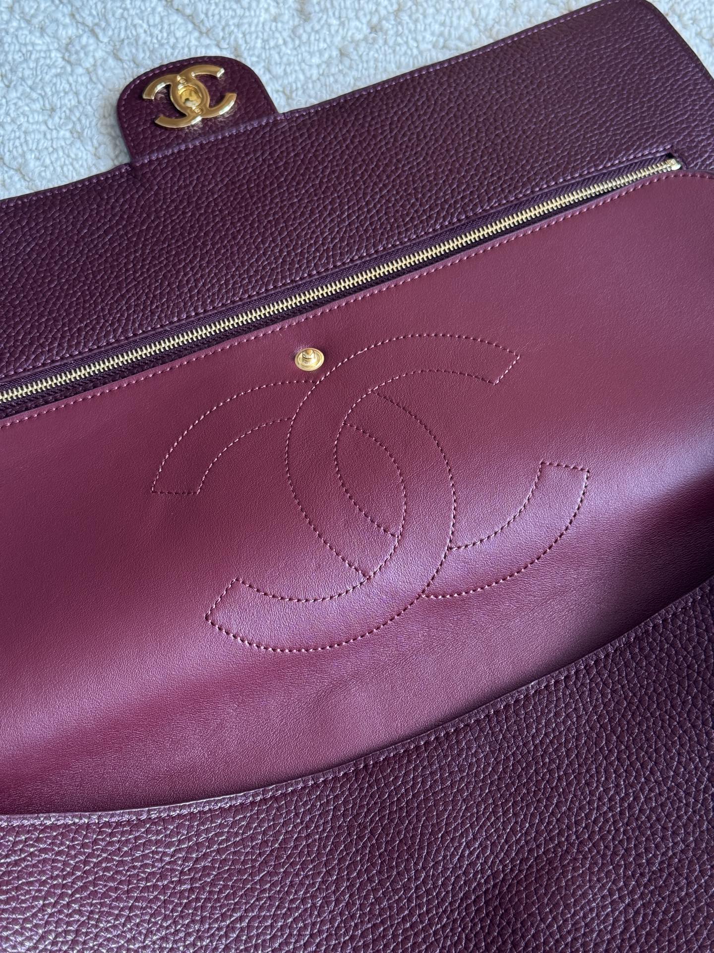 Chanel 26S CF Maxi Large Flap Bag in Burgundy Grained Leather with Gold-Tone Hardware - Detail View 8