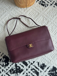 26S CF Maxi Large Flap Bag in Burgundy Grained Leather with Gold-Tone Hardware