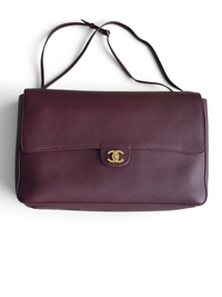26S CF Maxi Large Flap Bag in Burgundy Grained Leather with Gold-Tone Hardware