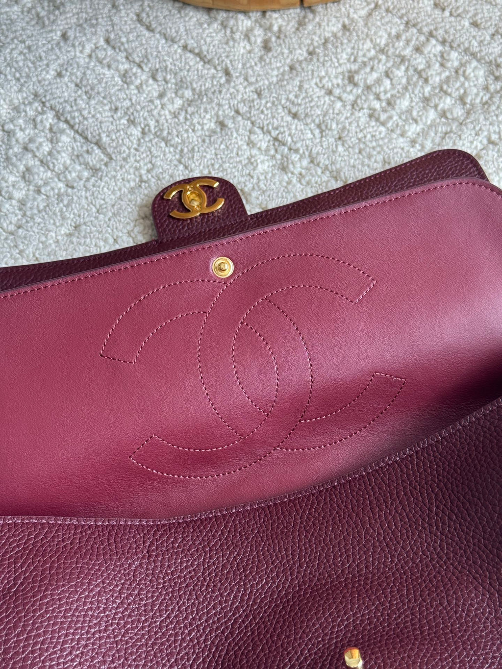 Chanel 26S CF Maxi Small Flap Bag in Burgundy Grained Leather with Gold-Tone Hardware - Detail View 8