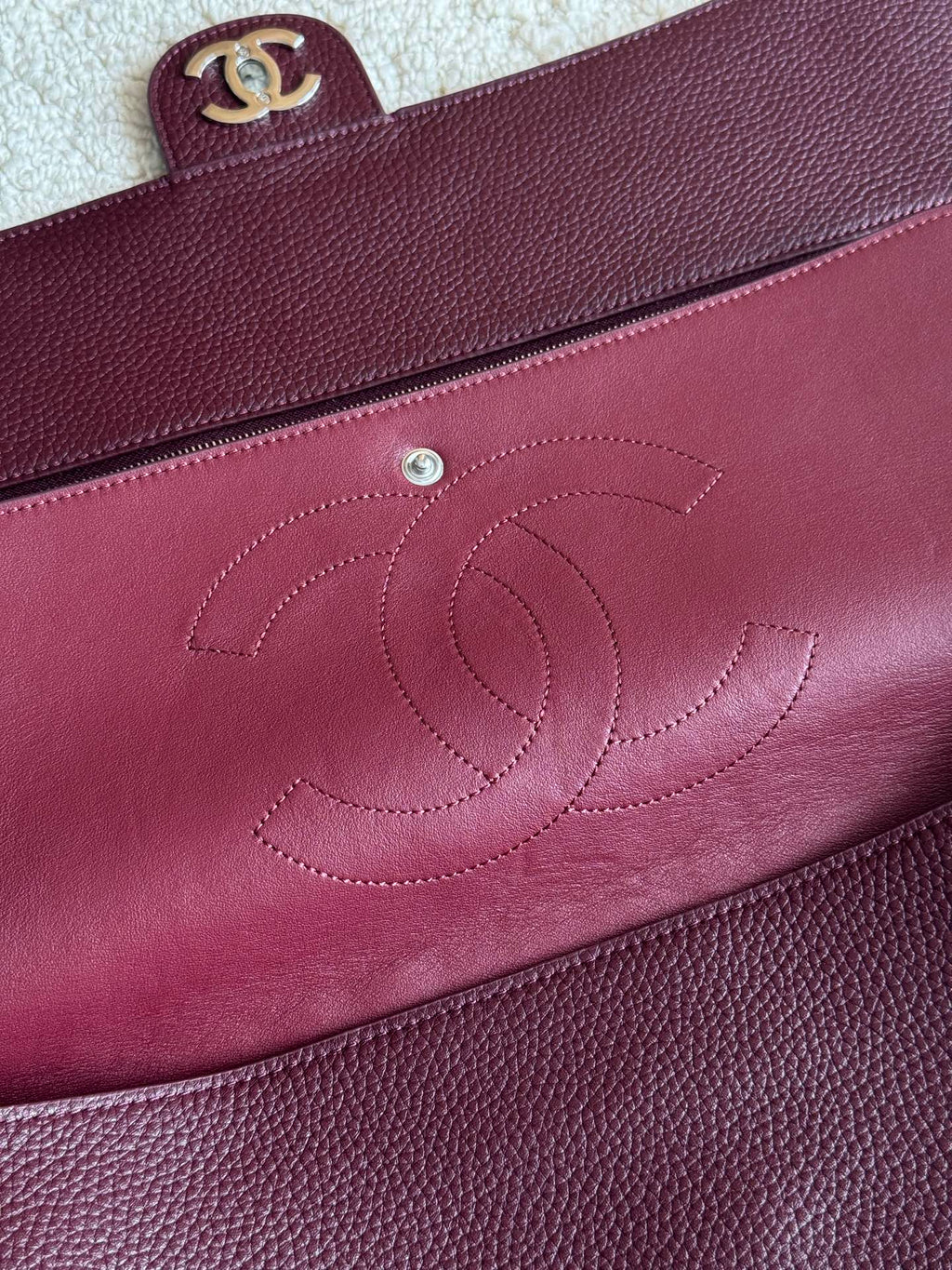 Chanel 26S CF Maxi Large Flap Bag in Burgundy Grained Leather with Silver-Tone Hardware - Detail View 8