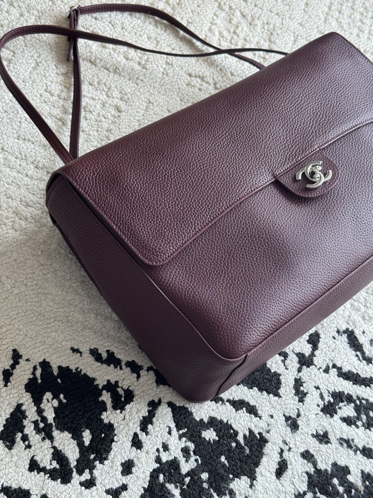 Chanel 26S CF Maxi Large Flap Bag in Burgundy Grained Leather with Silver-Tone Hardware - Detail View 2