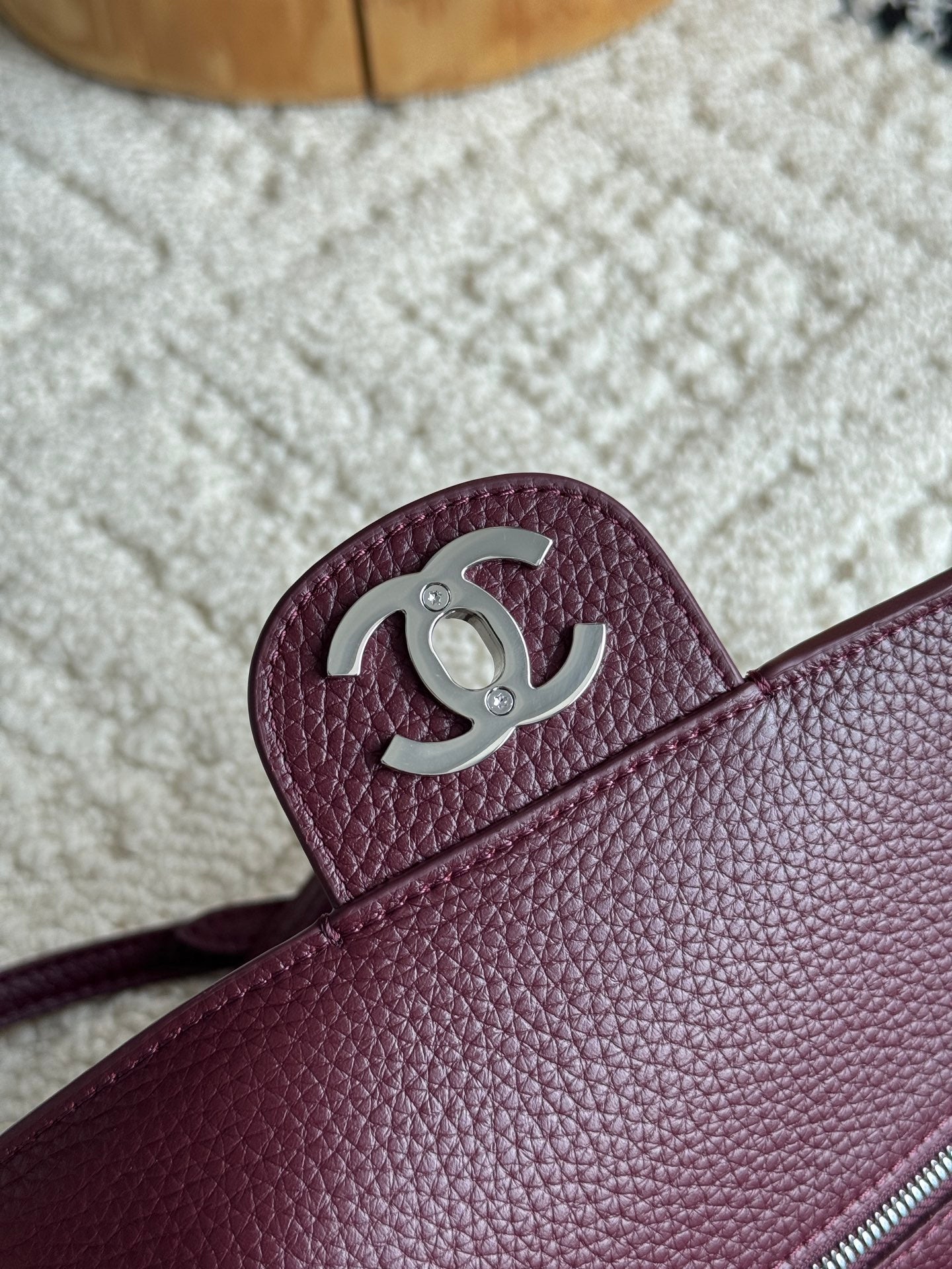 Chanel 26S CF Maxi Large Flap Bag in Burgundy Grained Leather with Silver-Tone Hardware - Detail View 6