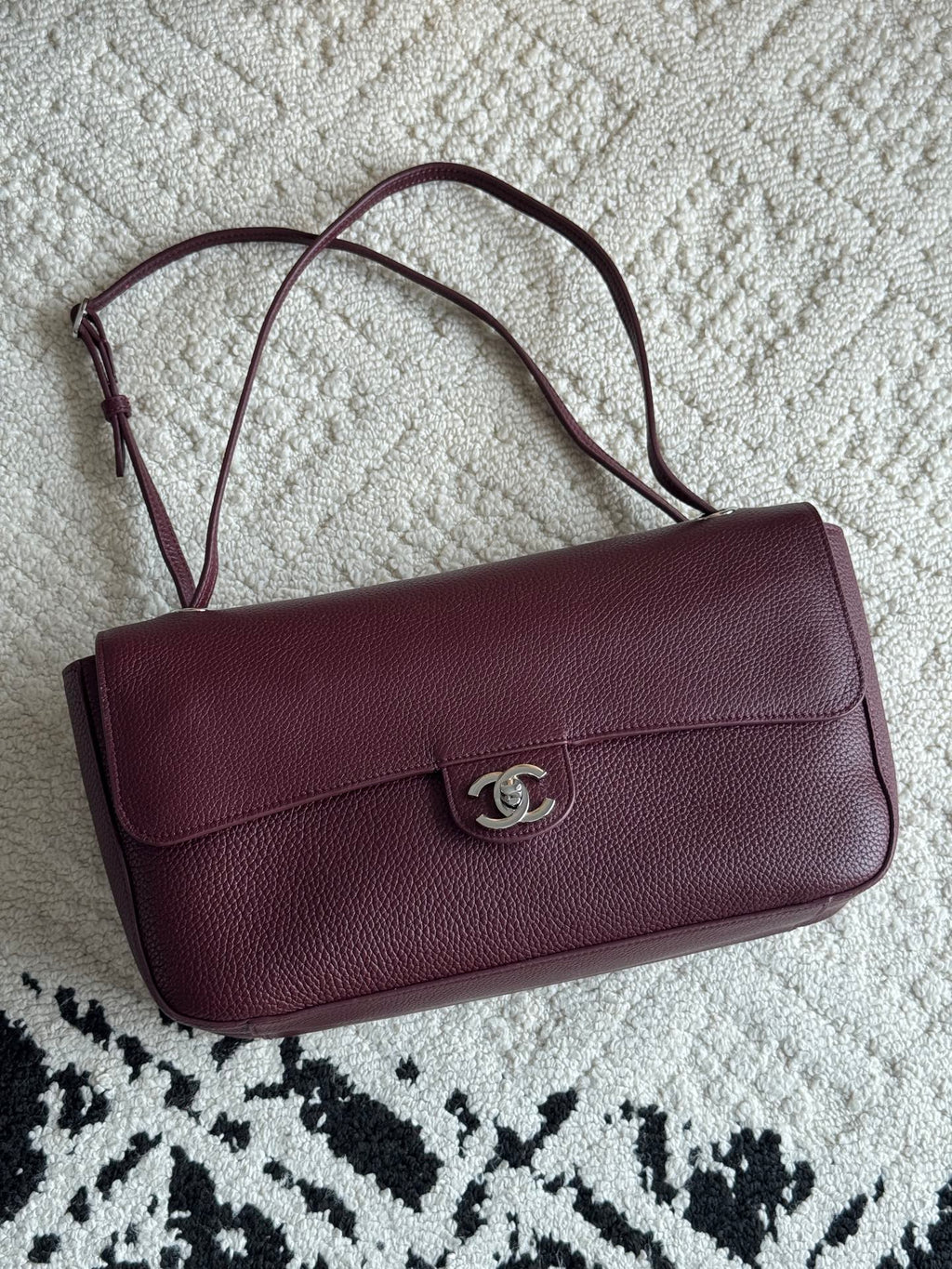 Chanel 26S CF Maxi Small Flap Bag in Burgundy Grained Leather with Silver-Tone Hardware - Front View