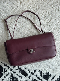 26S CF Maxi Small Flap Bag in Burgundy Grained Leather with Silver-Tone Hardware