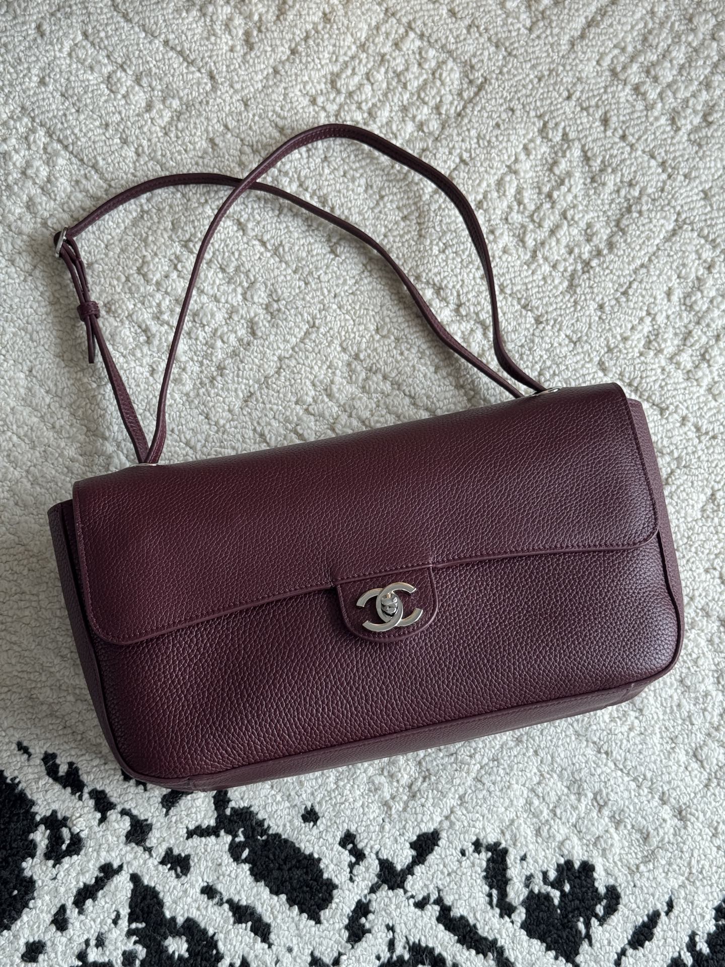 Chanel 26S CF Maxi Small Flap Bag in Burgundy Grained Leather with Silver-Tone Hardware - Front View