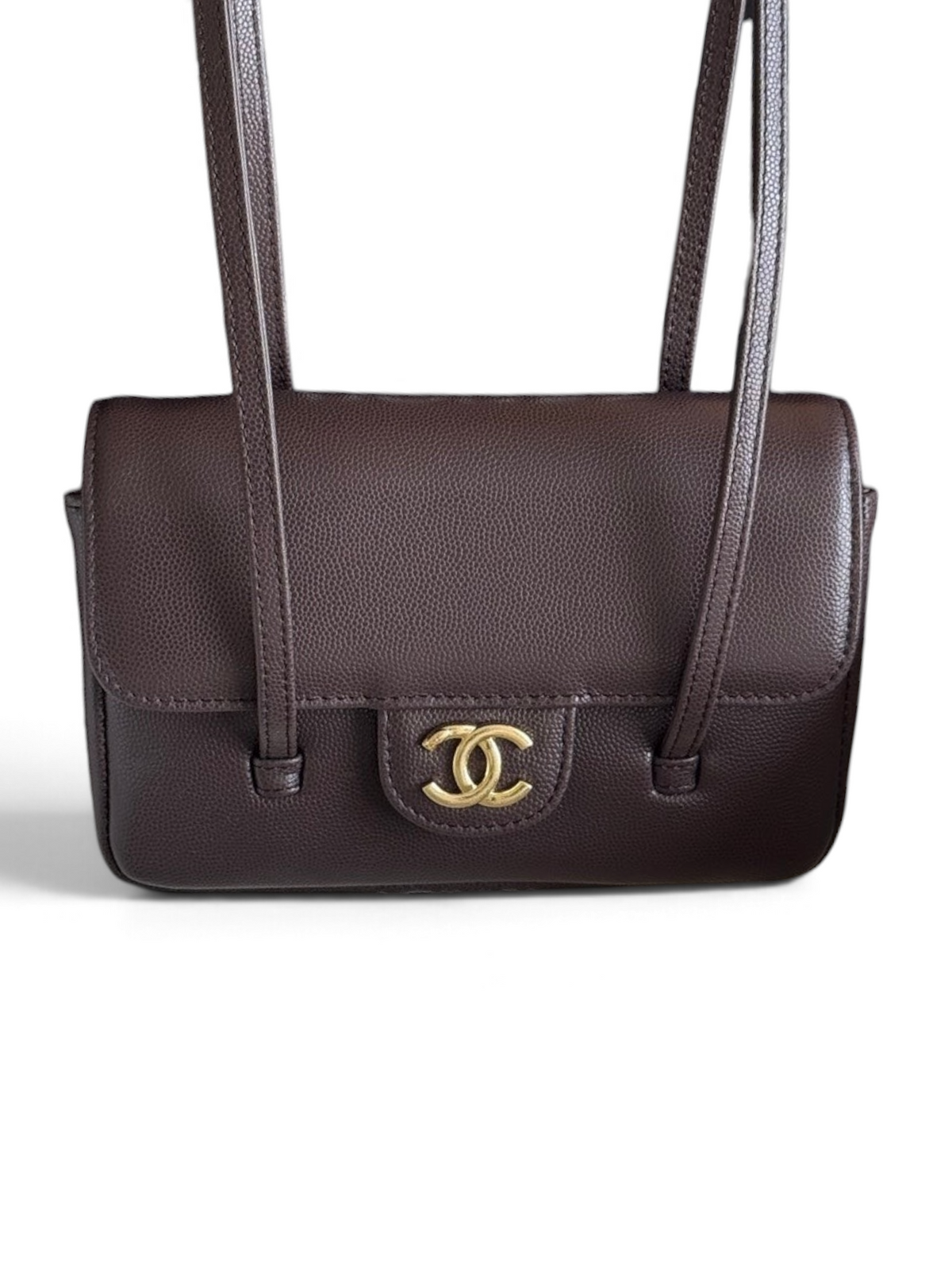Chanel 26P Preppy Coco Mini Bag in Dark Brown Caviar Leather - Front View