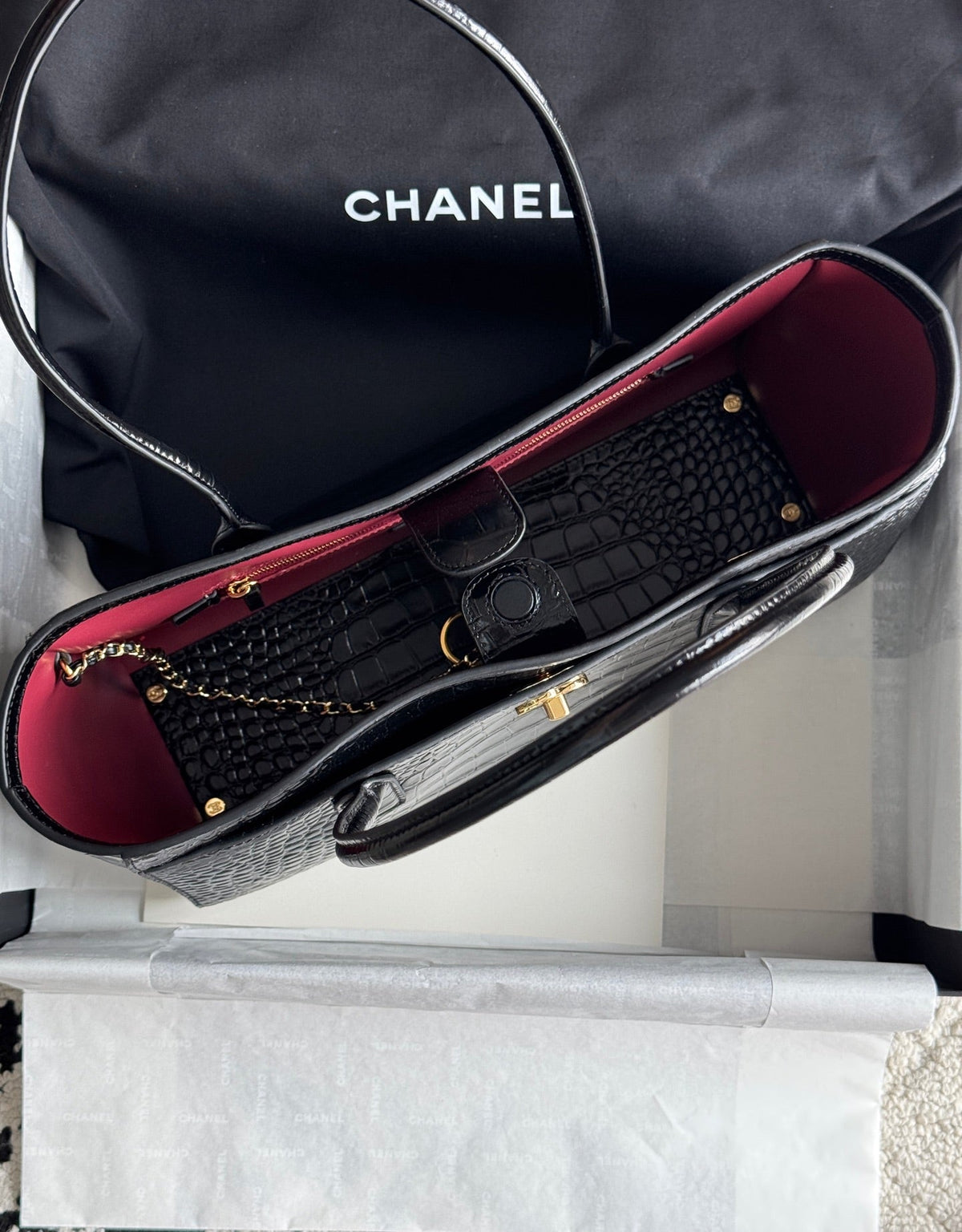 26S Cerf Tote Bag in Black Crocodile-Embossed Leather