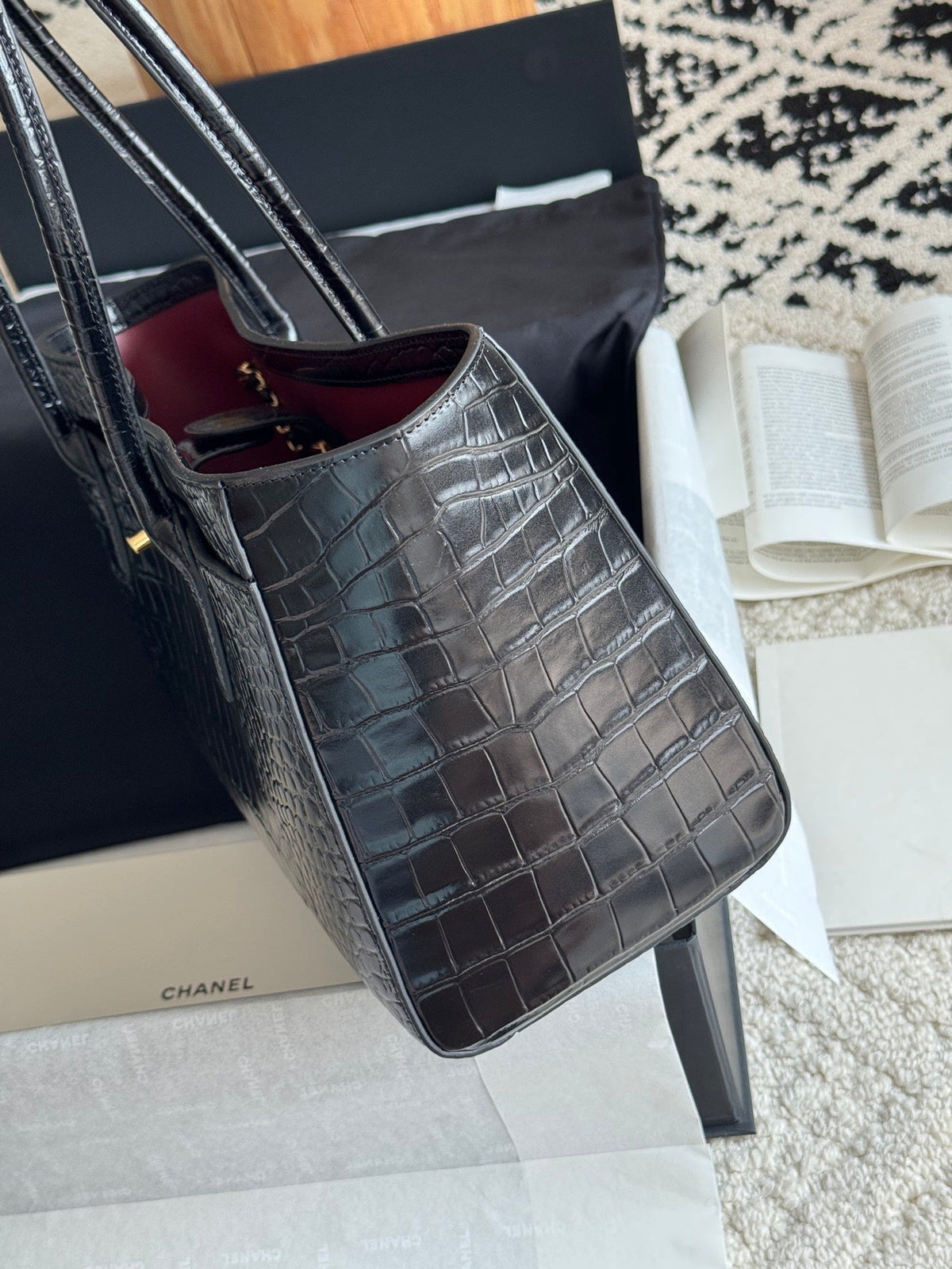 26S Cerf Tote Bag in Black Crocodile-Embossed Leather