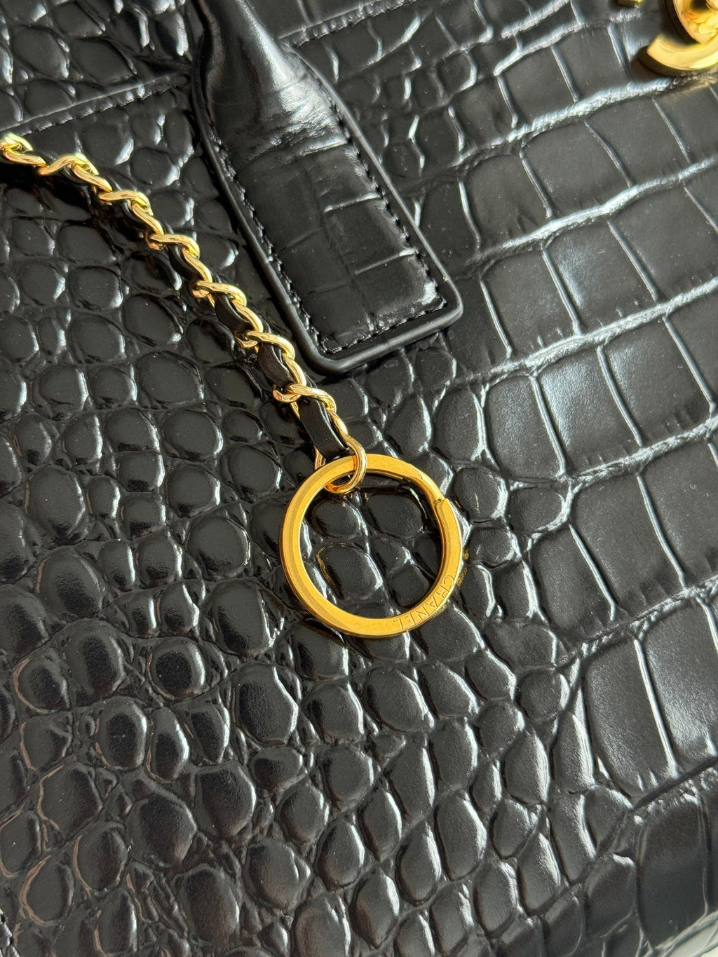 26S Cerf Tote Bag in Black Crocodile-Embossed Leather
