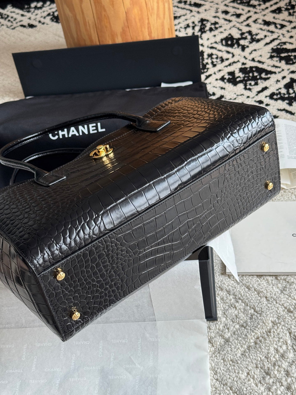 26S Cerf Tote Bag in Black Crocodile-Embossed Leather