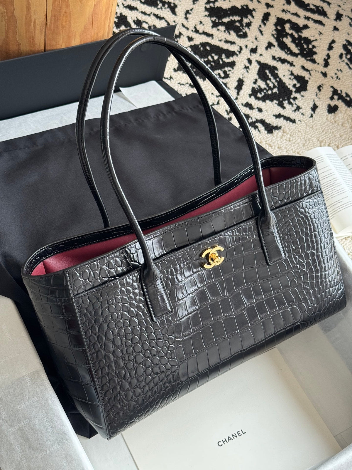 26S Cerf Tote Bag in Black Crocodile-Embossed Leather