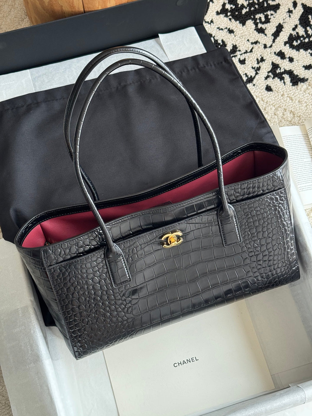 26S Cerf Tote Bag in Black Crocodile-Embossed Leather