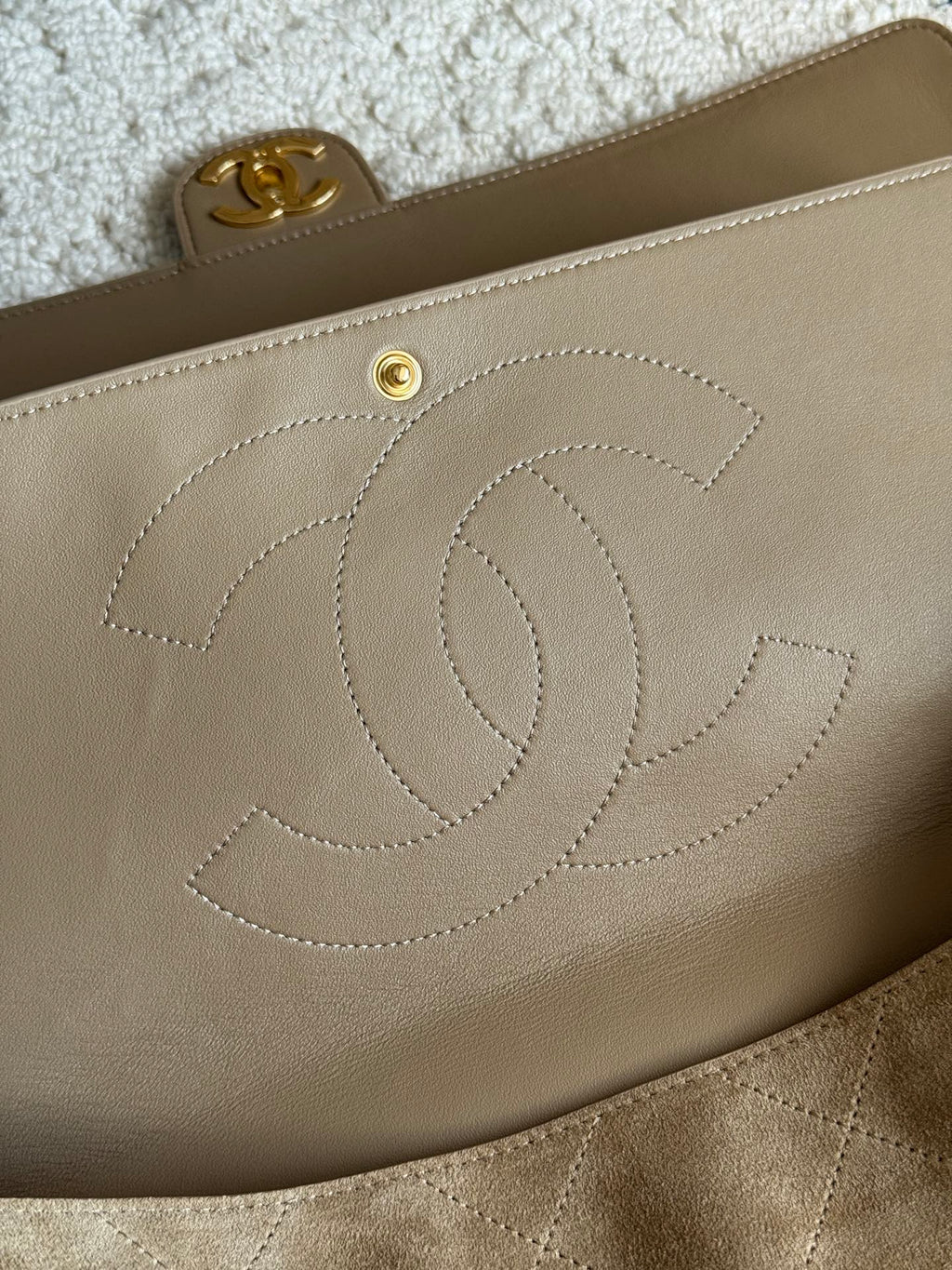 26S Large Maxi Flap Bag in Dark Beige Suede Calfskin
