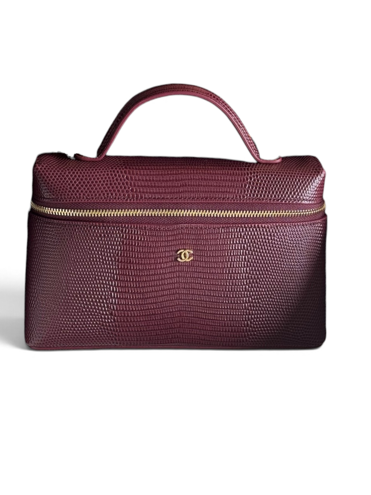 SWORD LUXURY bordo kertenkele desenli deri Chanel 26A küçük makyaj çantası, altın CC logolu ve zincir askılı