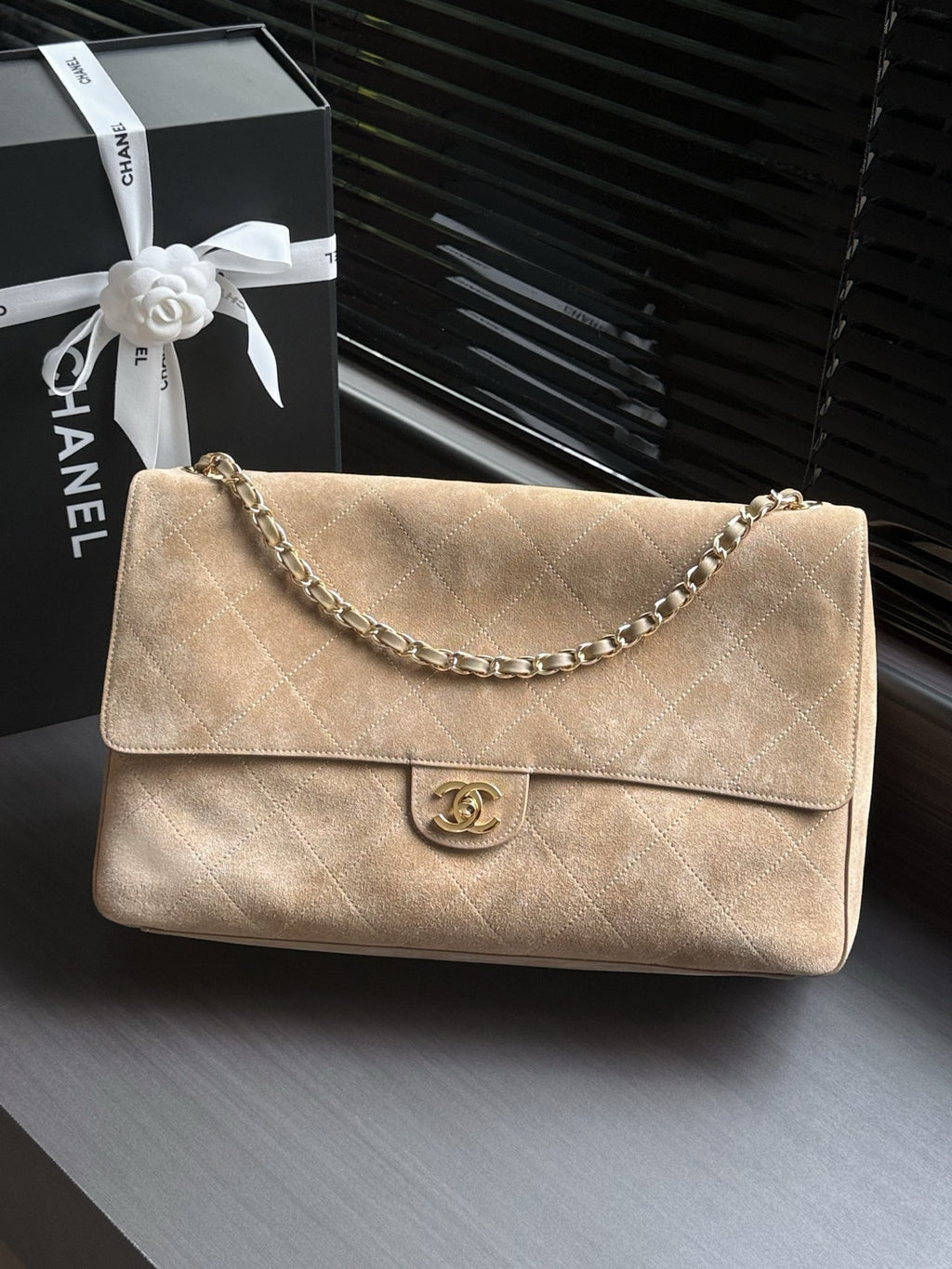 Quilted Suede Maxi Flap Shoulder Bag 38cm - View 1