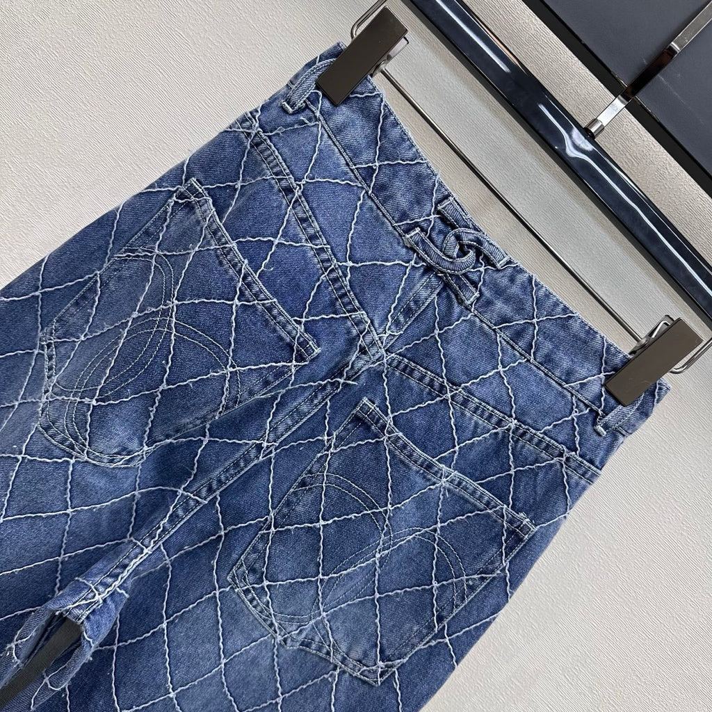Quilted Denim Wide-Leg Jeans - Blue - View 6