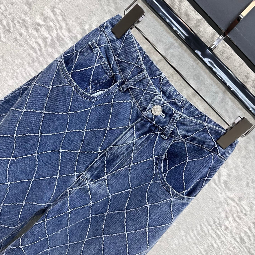 Quilted Denim Wide-Leg Jeans - Blue - View 2