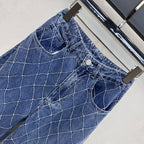 Quilted Denim Wide-Leg Jeans - Blue - View 2