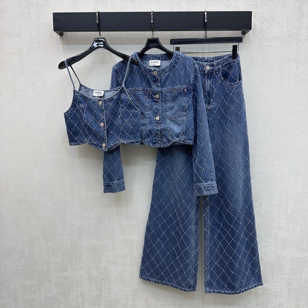 Quilted Denim Wide-Leg Jeans - Blue - View 9
