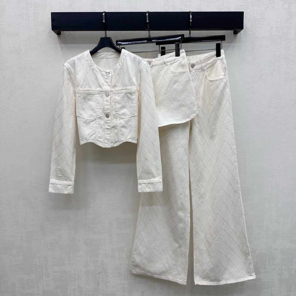 Quilted Denim Jacket - White - View 8