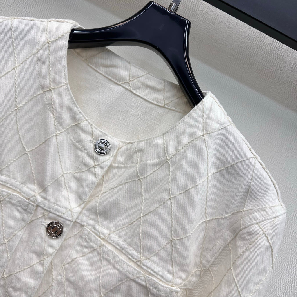 Quilted Denim Jacket - White - View 3