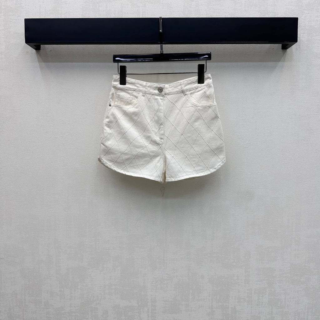 Quilted Denim Shorts - White - View 1