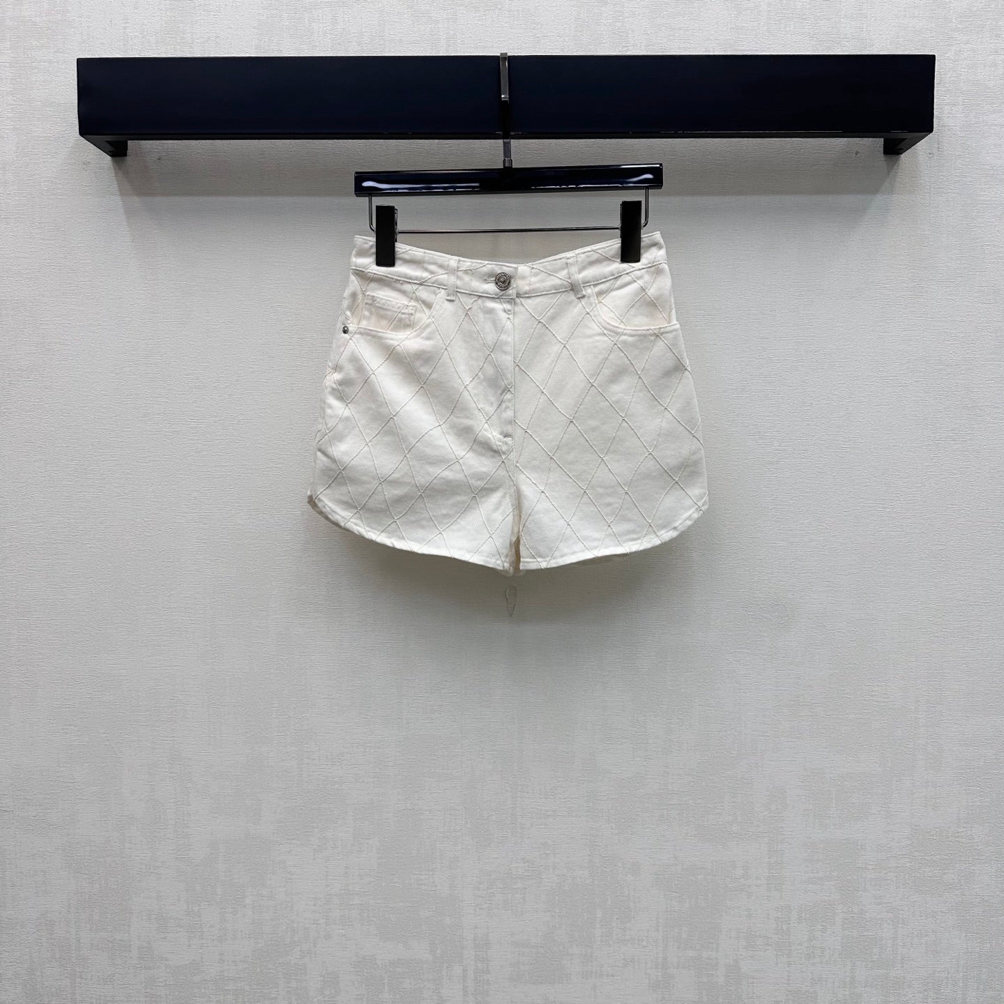 Quilted Denim Shorts - White - View 1