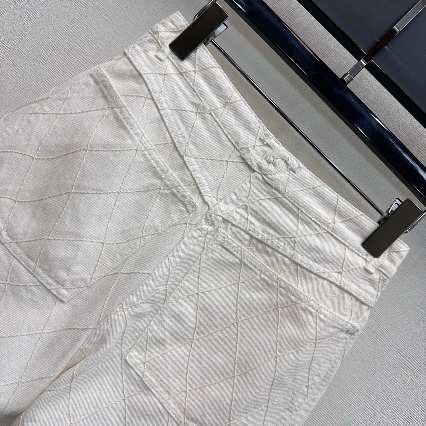 Quilted Denim Shorts - White - View 6