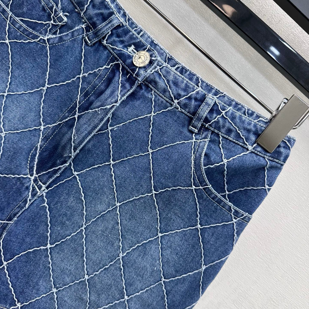 Quilted Denim Shorts - Blue - View 3