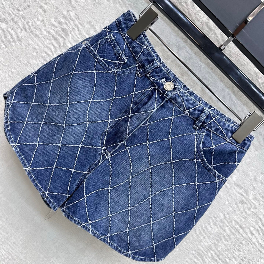 Quilted Denim Shorts - Blue - View 2