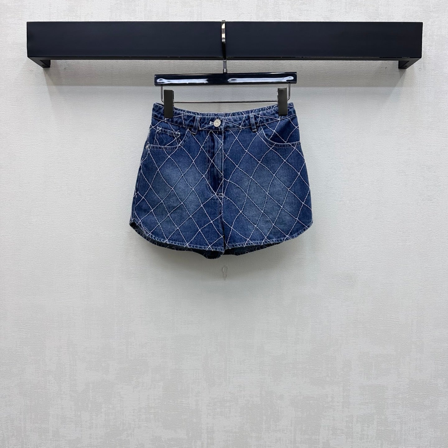 Quilted Denim Shorts - Blue - View 1