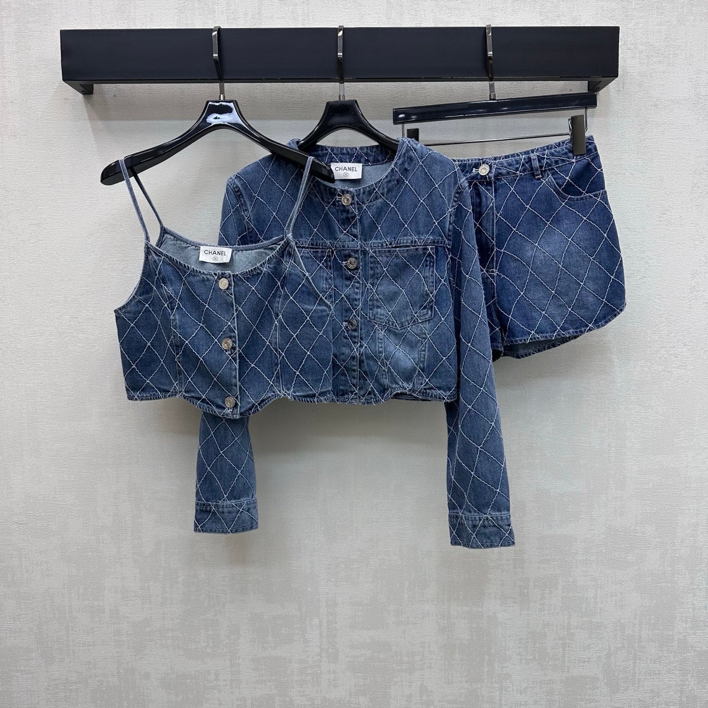 Quilted Denim Shorts - Blue - View 8