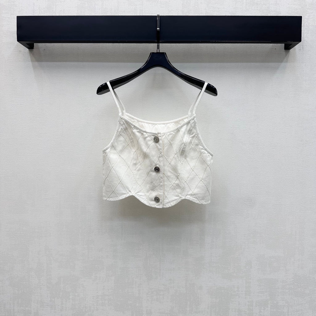 Quilted Denim Cropped Vest - White - View 1