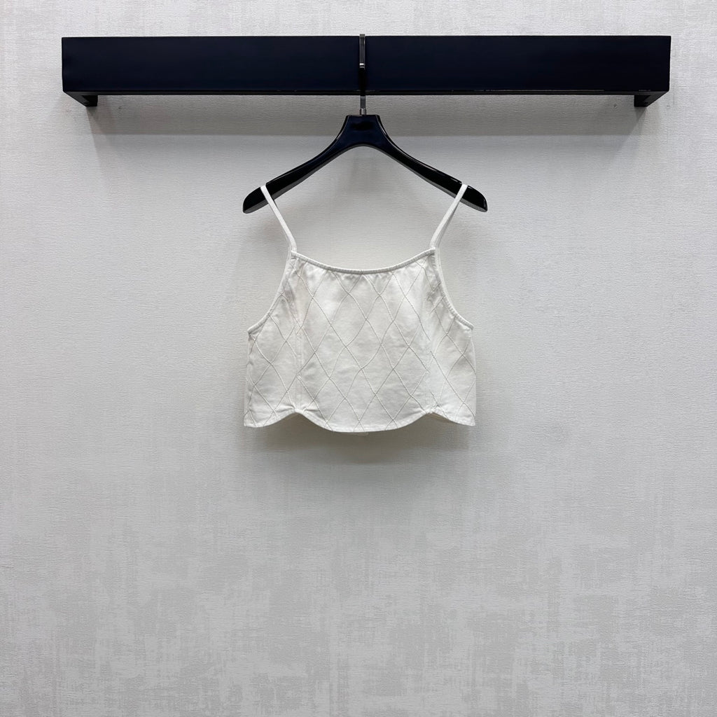 Quilted Denim Cropped Vest - White - View 5