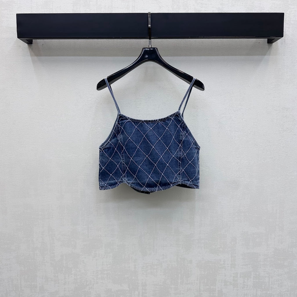 Quilted Denim Cropped Vest - Blue - View 4