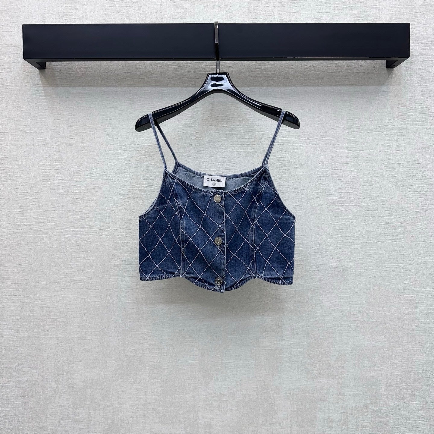 Quilted Denim Cropped Vest - Blue - View 1