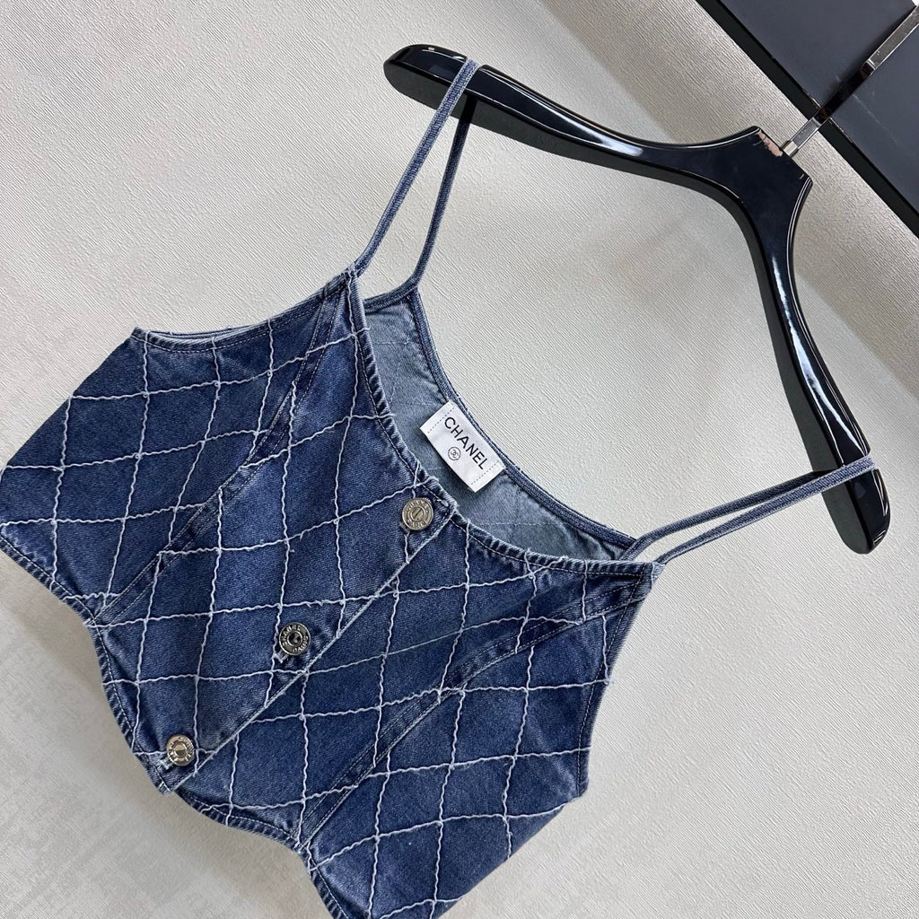 Quilted Denim Cropped Vest - Blue - View 2