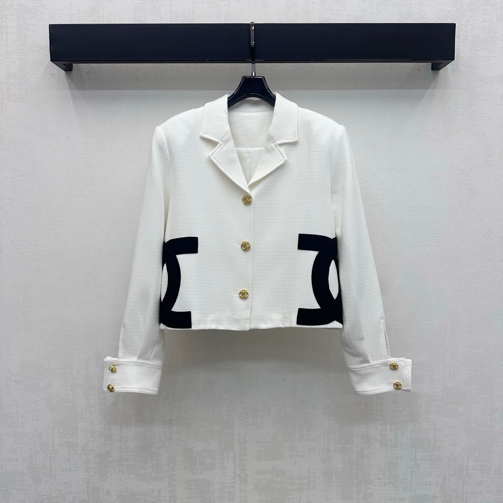 Contrast-Pocket Cropped Jacket - White/Black - View 1