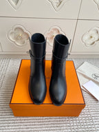 Kelly Buckle Mid-Heel Leather Ankle Boots