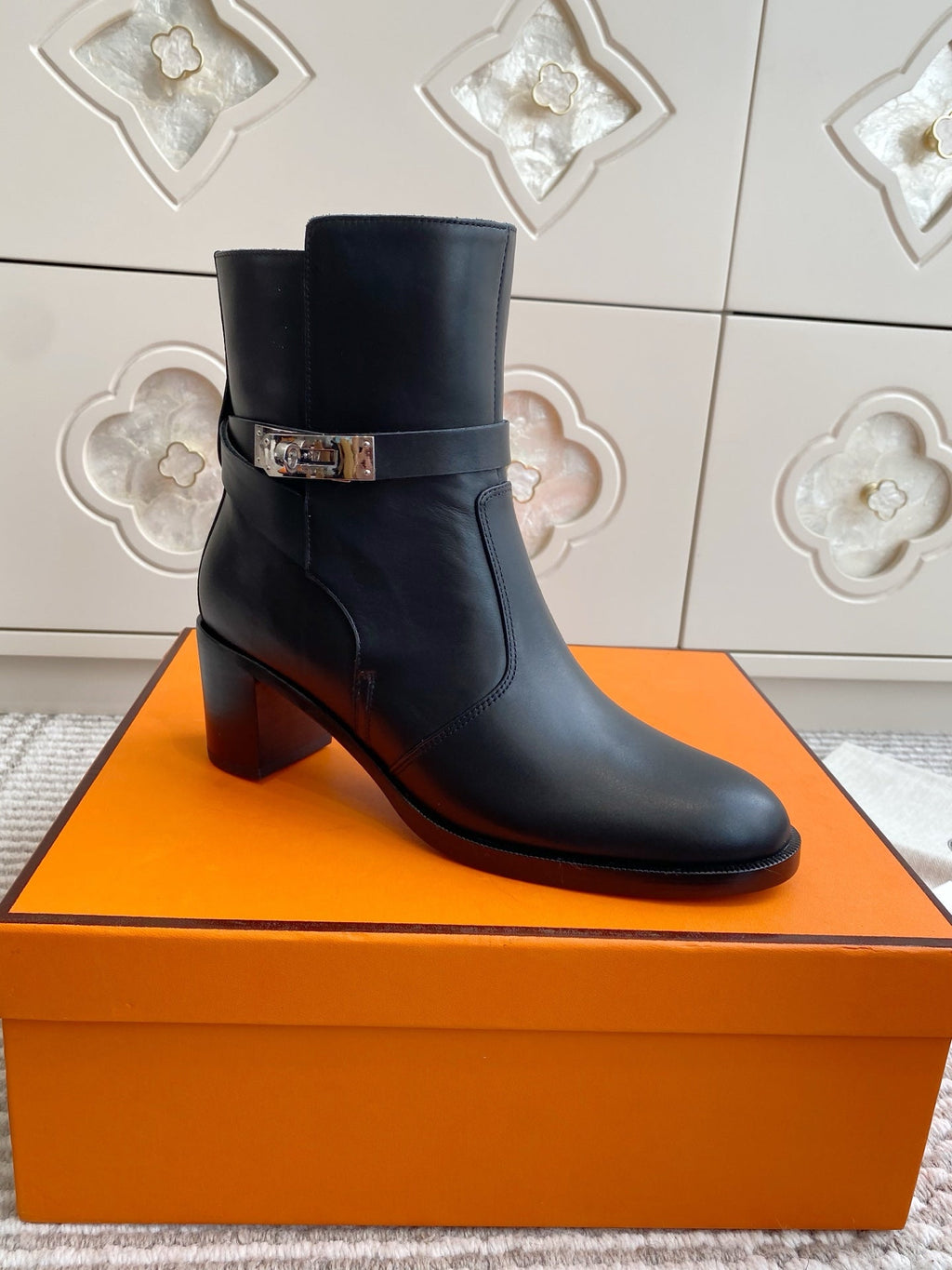 Kelly Buckle Mid-Heel Leather Ankle Boots