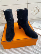 Kelly Buckle Mid-Heel Suede Ankle Boots