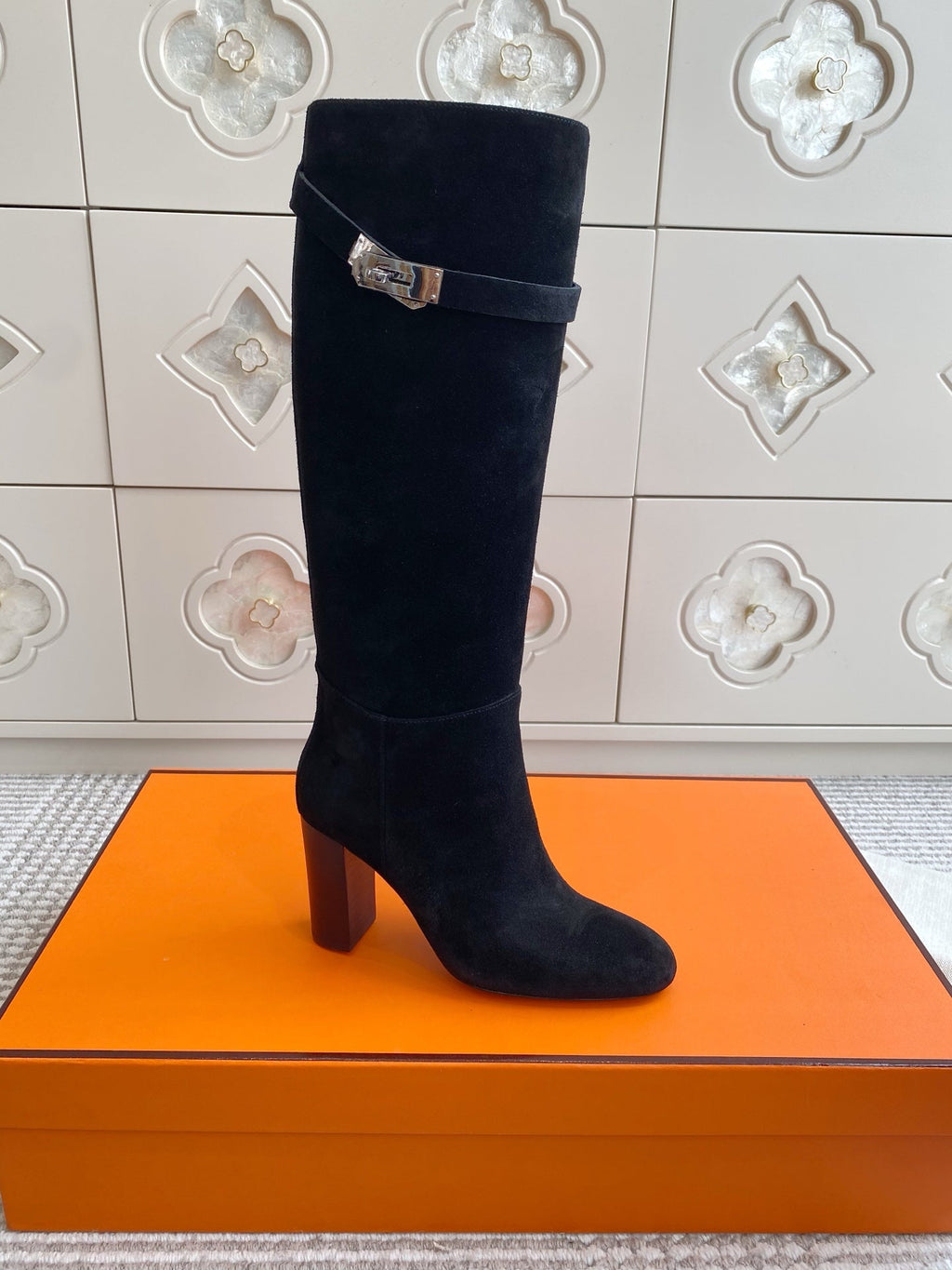 Kelly Buckle Suede Knee-High Heeled Boots