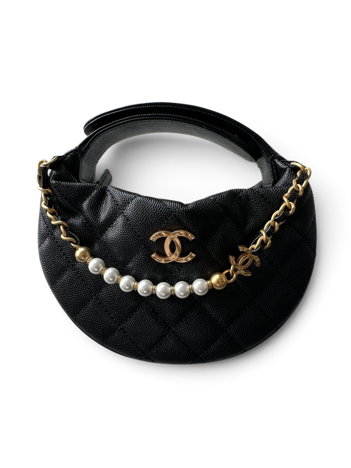 SWORD LUXURY marka, inci detaylı zincir askılı, siyah kapitone deri mini hobo çanta.